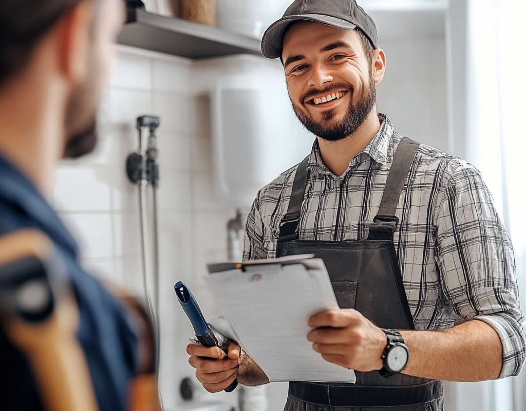 B&A Plumbing technician with clipboard at a customer's home